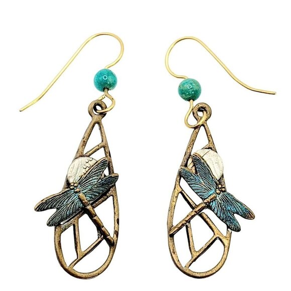 Artisan Made Dragonfly Earrings Drop Dangle Mixed Metals Native Style BOHO 2" - Picture 1 of 8
